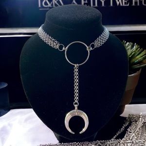 Moon choker necklace . Lariat Y shape chocker upside down moon lunula necklace